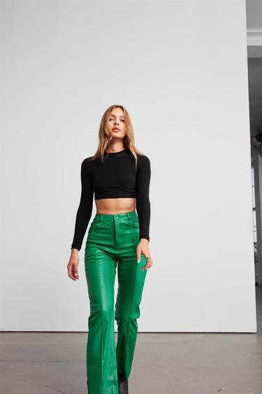  Vatkalı Kadın Deri Straight Pantolon Yeşil Yeşil