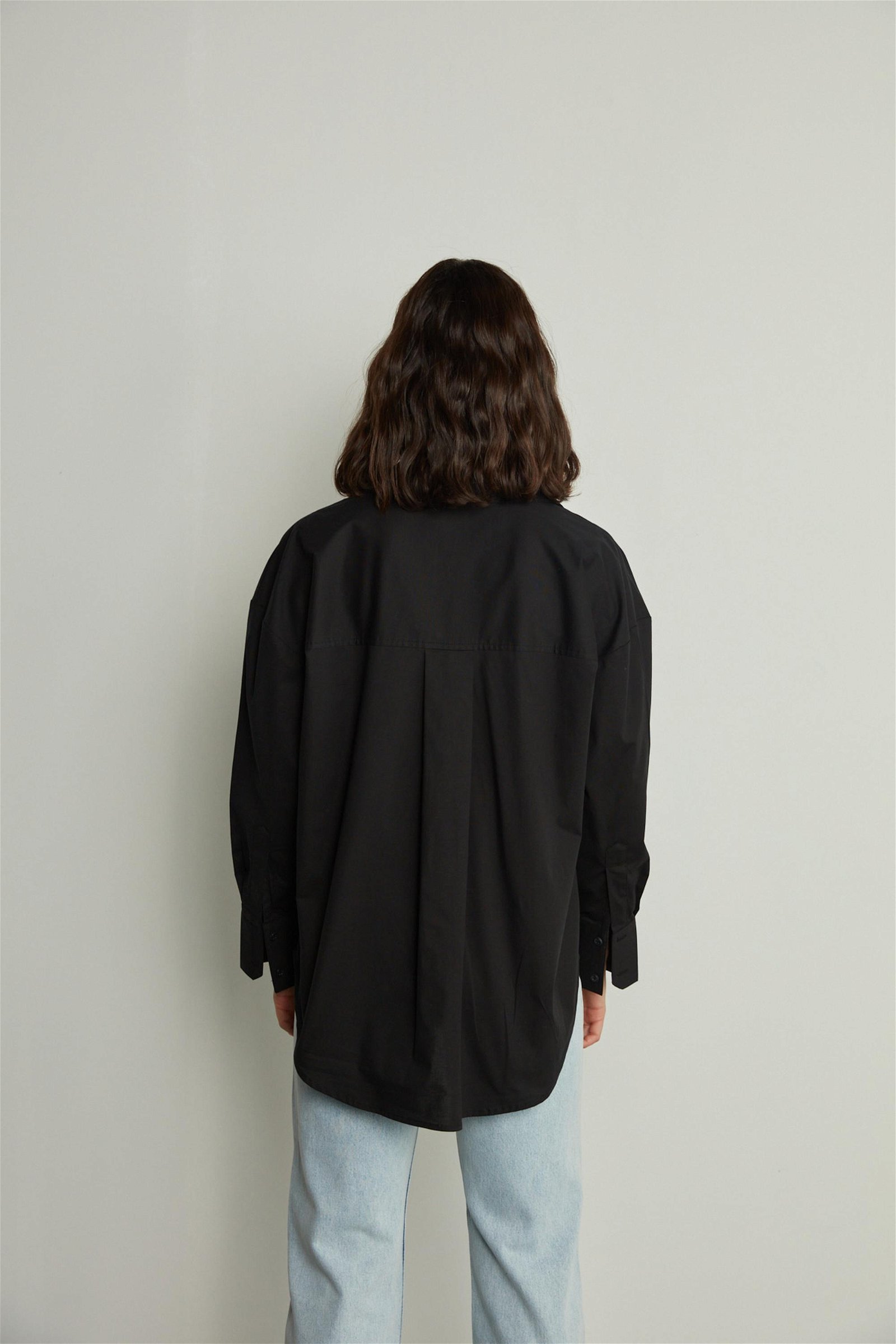 Vatkalı Kadın Oxford Gömlek Siyah Siyah