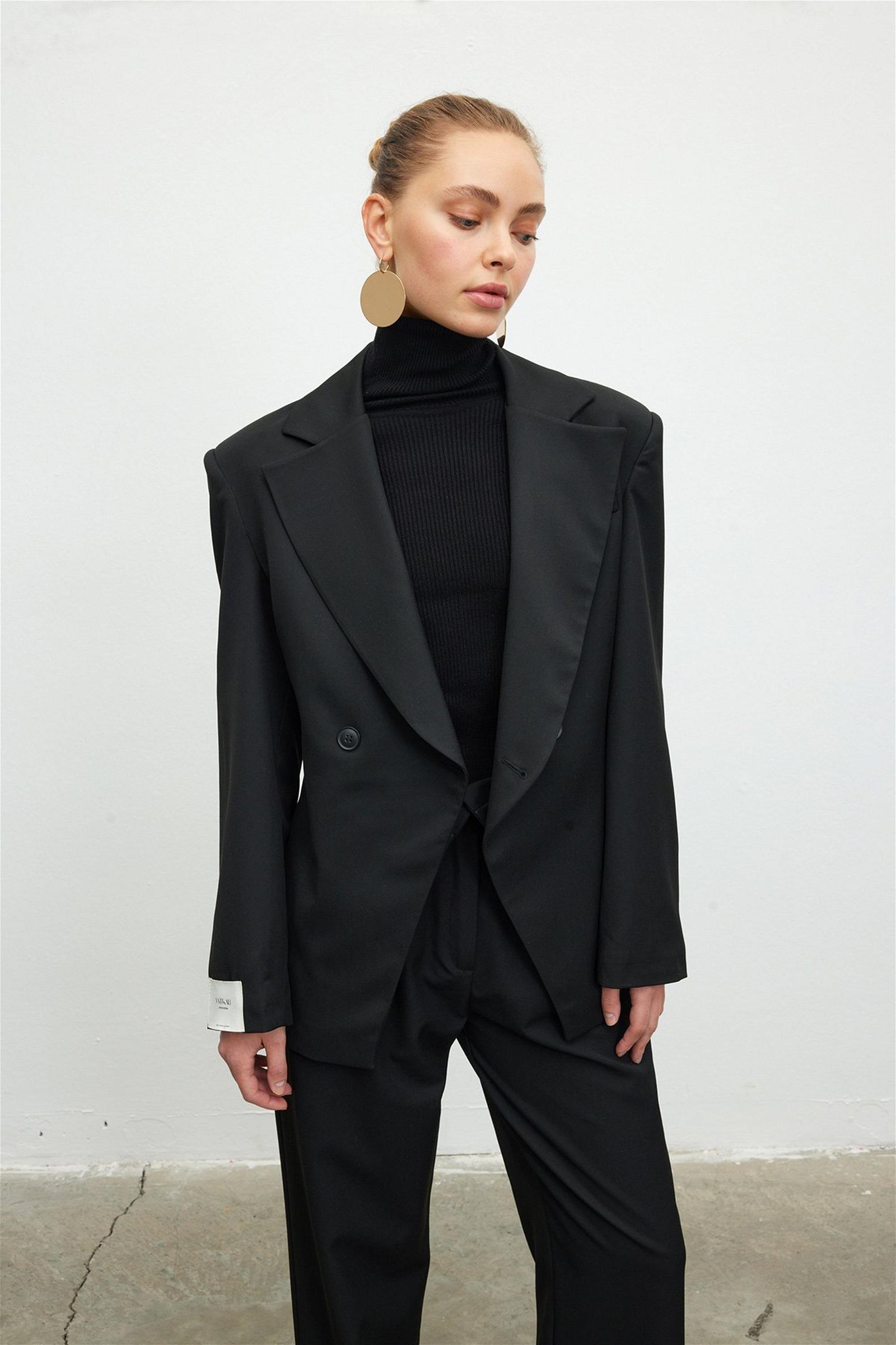 Vatkalı Kadın Kruvaze Klasik Blazer Ceket Siyah