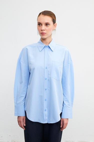  Vatkalı Kadın Oxford Oversize Gömlek Mavi