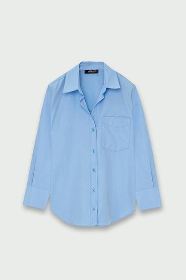  Vatkalı Kadın Oxford Oversize Gömlek Mavi