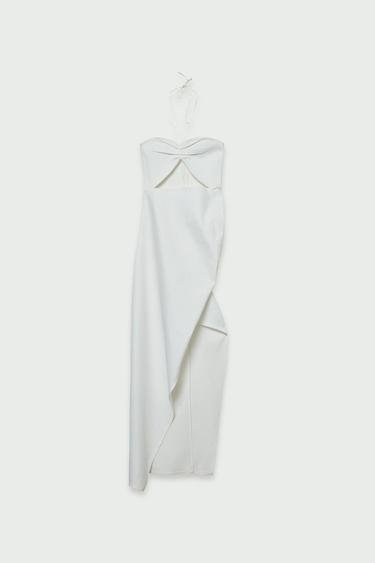  Vatkalı Kadın Cut Out Detaylı Büzgülü Elbise Beyaz