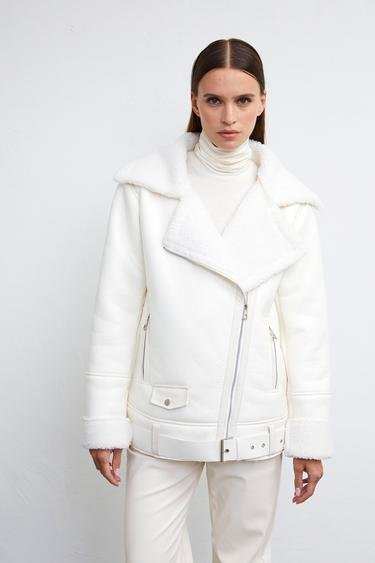  Vatkalı Kadın Kürklü Deri Mouton Ceket Beyaz
