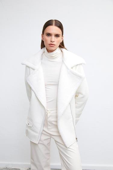  Vatkalı Kadın Kürklü Deri Mouton Ceket Beyaz