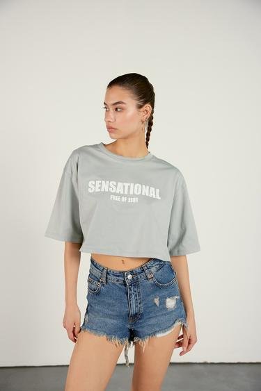  Vatkalı Kadın Sensational Crop T-Shirt Gri