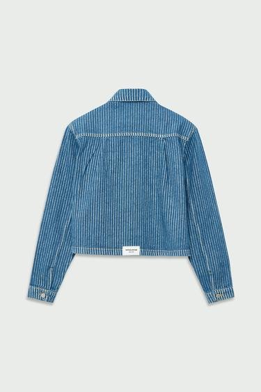  Vatkalı Kadın Çizgili Denim Crop Ceket Mavi