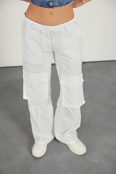  Vatkalı Kadın Mıd Waist Paraşüt Pantolon Beyaz
