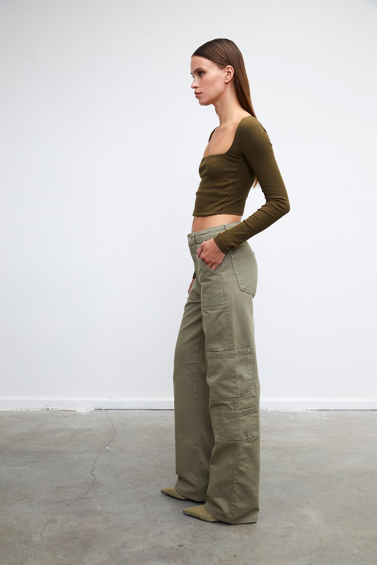 Vatkalı Kadın Straight Fit Kargo Pantolon - Limited Edition Haki
