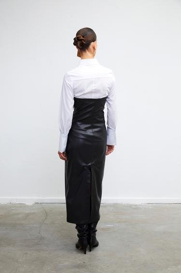  Vatkalı Kadın Suni Deri Straplez Elbise - Premium Collection Siyah