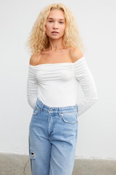  Vatkalı Kadın Drapeli Top - Premium Collection Beyaz