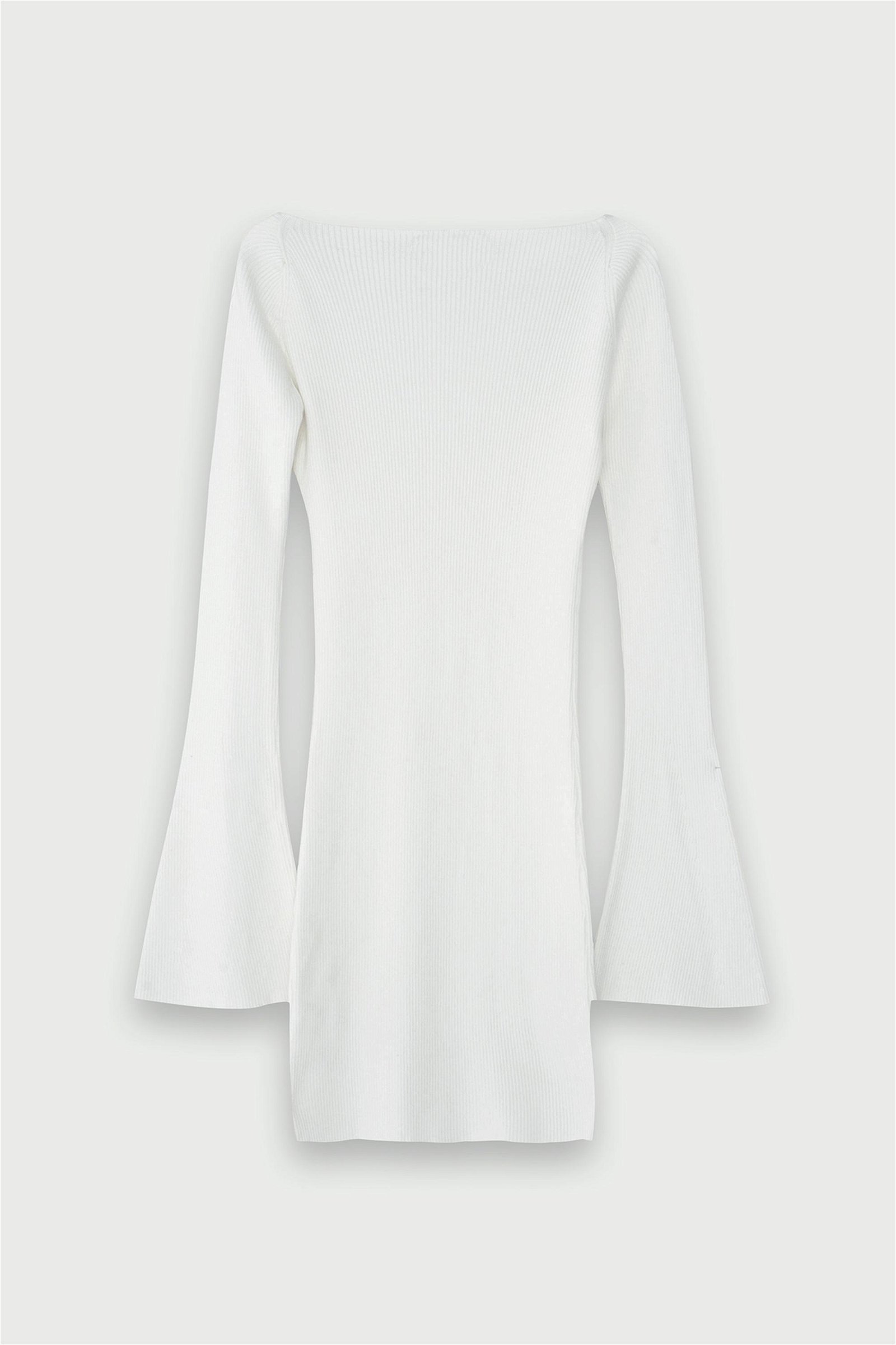 Vatkalı Kadın Kalp Yaka Fitilli Triko Elbise Beyaz