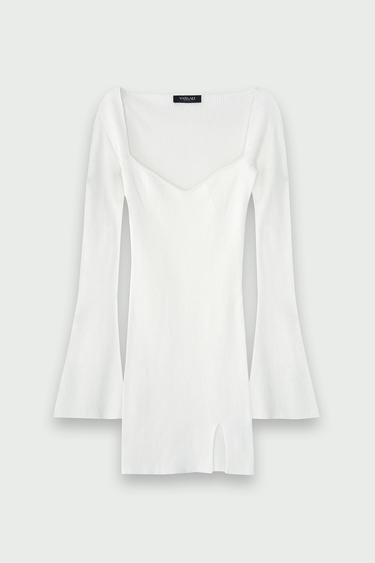  Vatkalı Kadın Kalp Yaka Fitilli Triko Elbise Beyaz