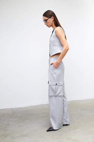  Vatkalı Kadın High Rise Kargo Pantolon - Premium Collection Gri