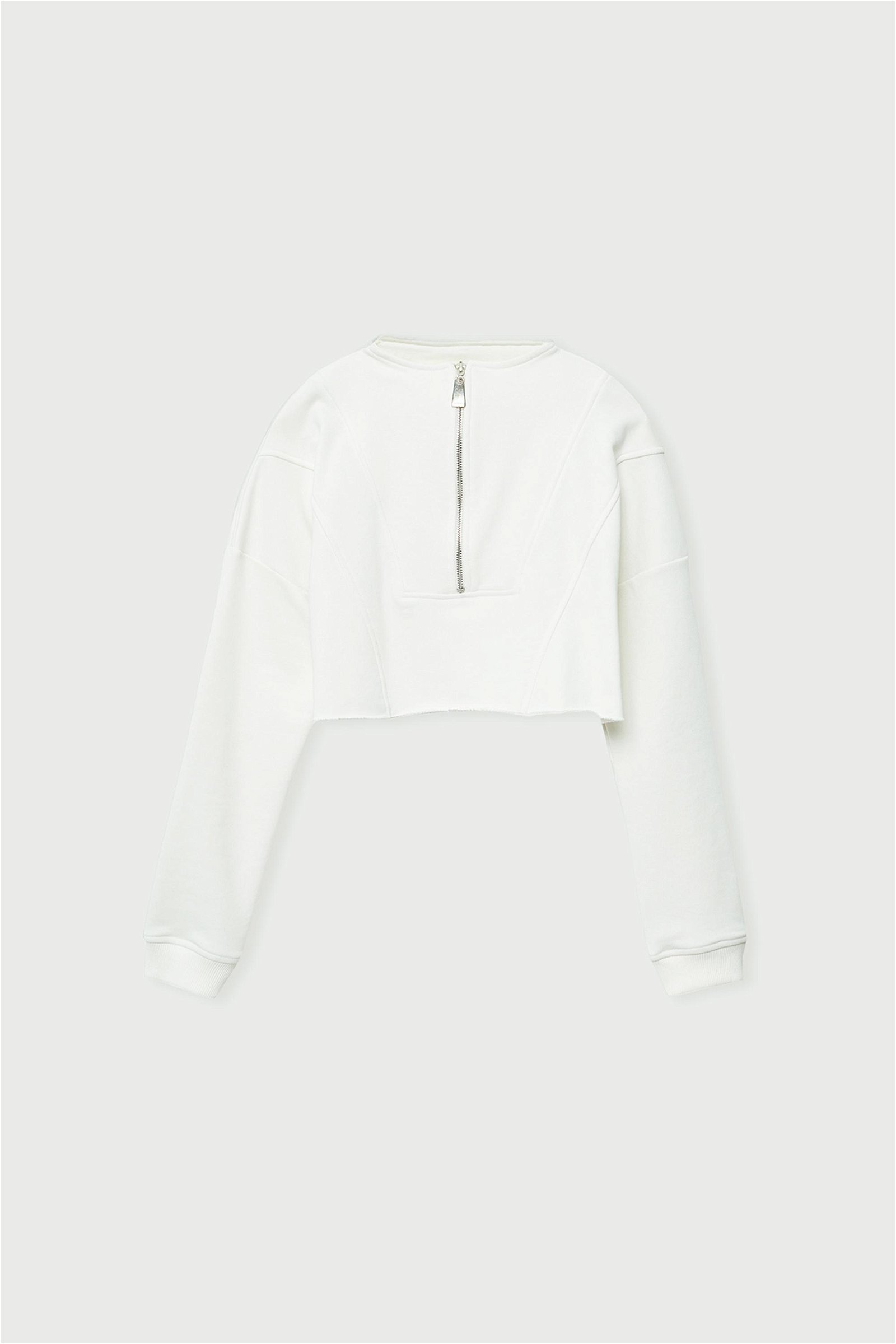 Vatkalı Kadın Fermuarlı Crop Sweatshirt Beyaz
