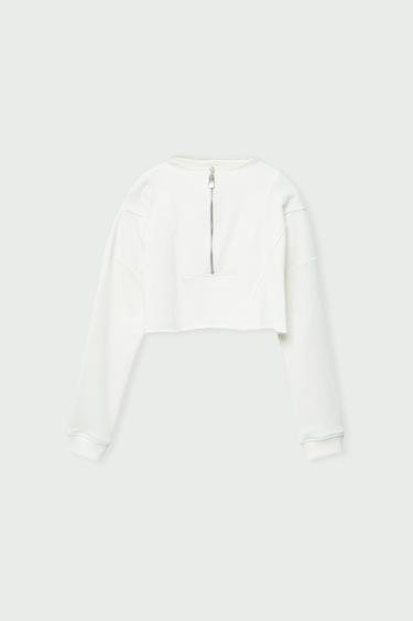  Vatkalı Kadın Fermuarlı Crop Sweatshirt Beyaz