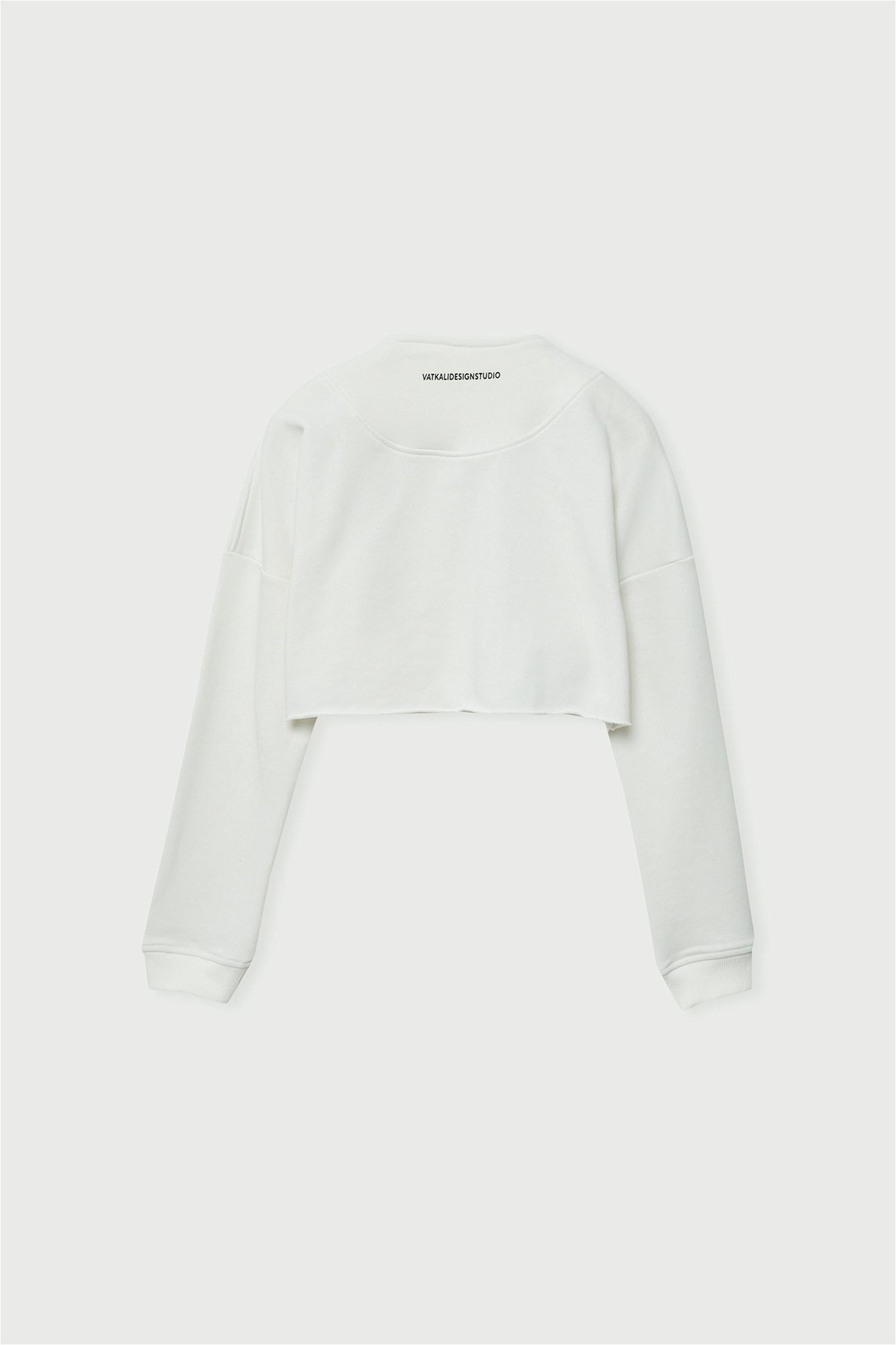Vatkalı Kadın Fermuarlı Crop Sweatshirt Beyaz