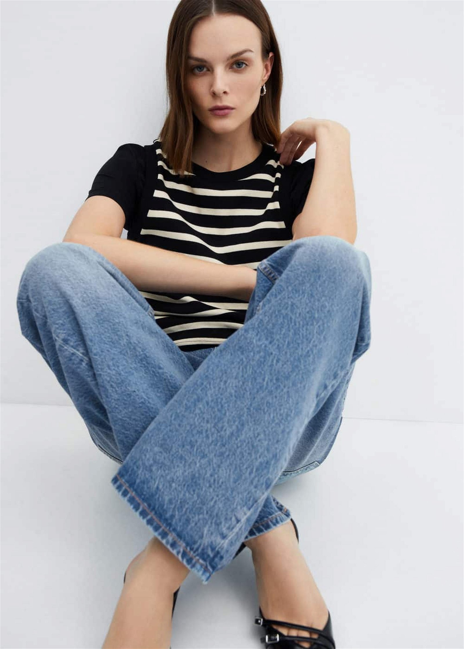 Mango Kadın Orta Bel Wideleg Jean Pantolon Orta Vintage Mavi