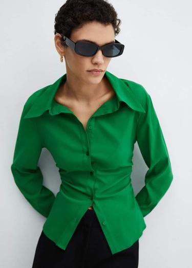  Mango Kadın Büzgü Detaylı Gömlek Yeşil