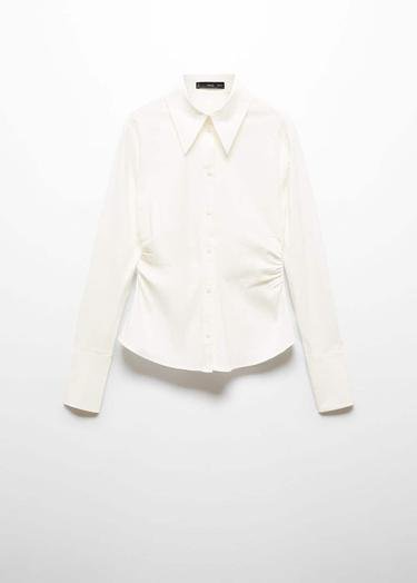  Mango Kadın Büzgü Detaylı Gömlek Kırık Beyaz