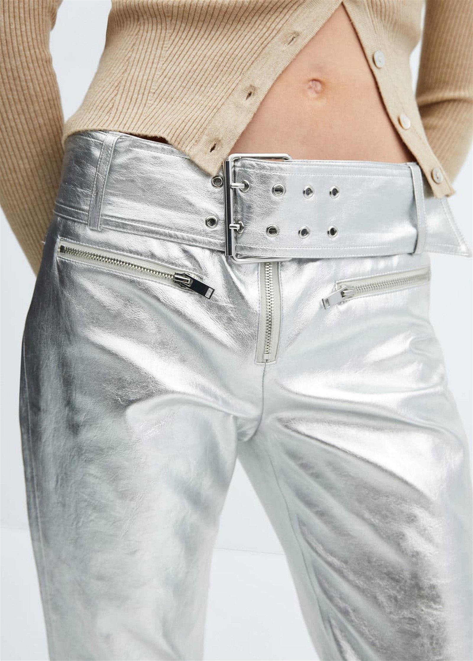 Mango Kadın Kemerli Metalik Pantolon Gümüş Rengi