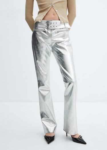  Mango Kadın Kemerli Metalik Pantolon Gümüş Rengi