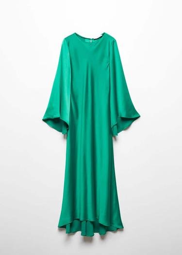  Mango Kadın Kolları Kloş Saten Elbise Yeşil