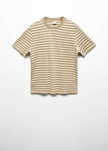  Mango Erkek Pamuklu Çizgili Tişört Açık/Pastel Gri
