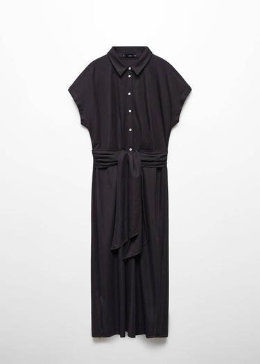  Mango Kadın Kuşaklı Gömlek Elbise Siyah