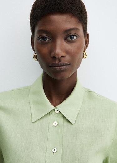  Mango Kadın Keten Karışımlı Kısa Kollu Gömlek Pastel Yeşil
