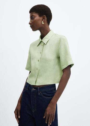  Mango Kadın Keten Karışımlı Kısa Kollu Gömlek Pastel Yeşil