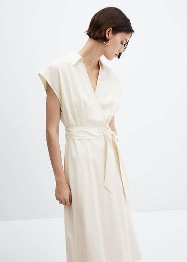  Mango Kadın Kemerli Anvelop Elbise Kırık Beyaz