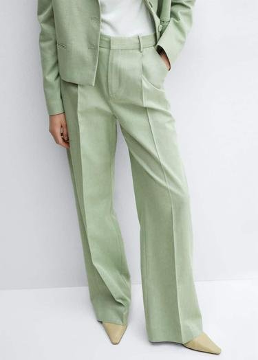  Mango Kadın Wideleg Pensli Kumaş Pantolon Pastel Yeşil