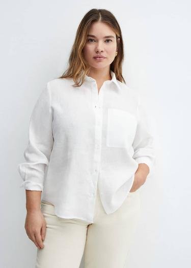  Mango Kadın %100 Keten Gömlek Kırık Beyaz