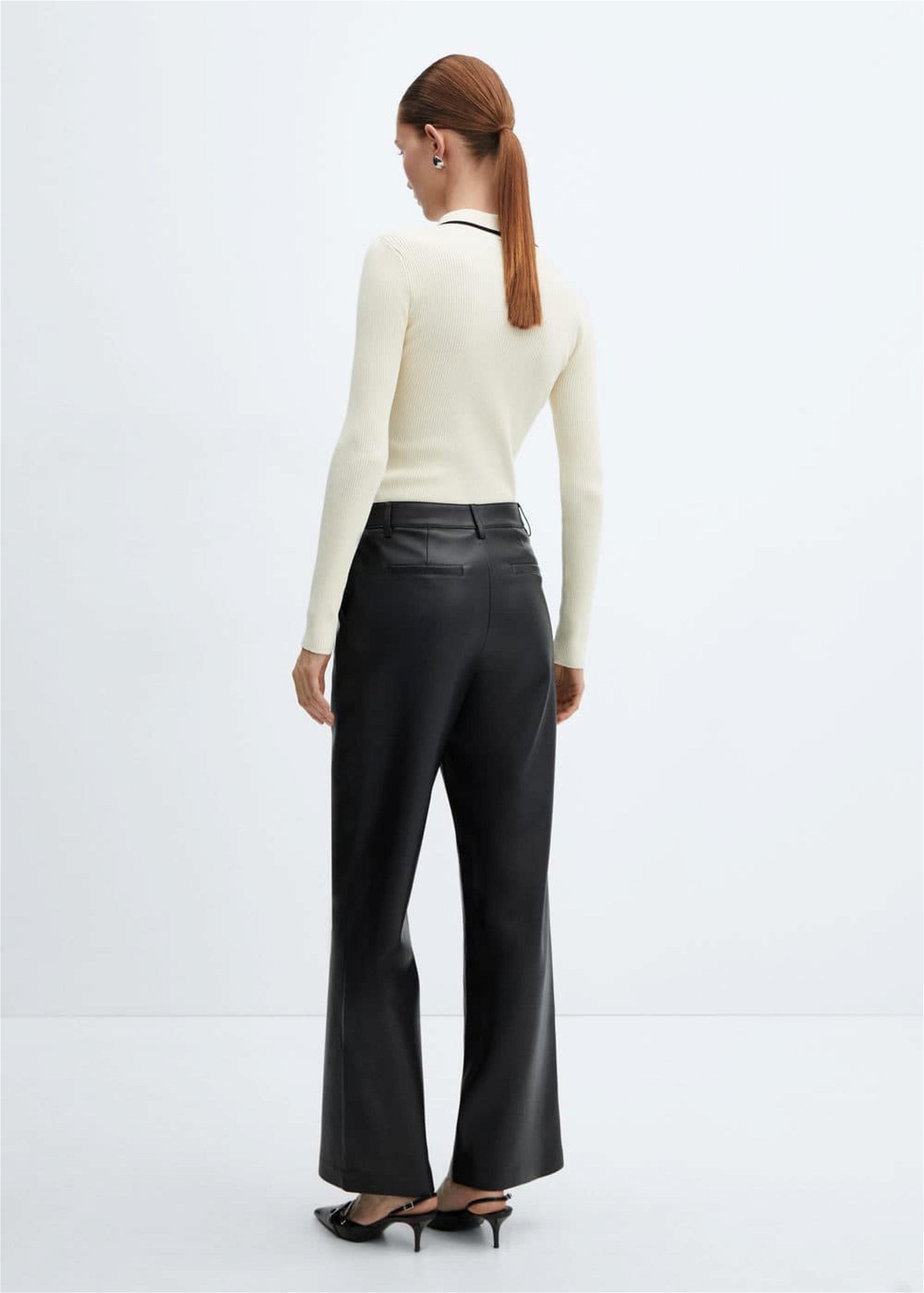 Mango Kadın Deri Görünümlü Yüksek Bel Pantolon Siyah