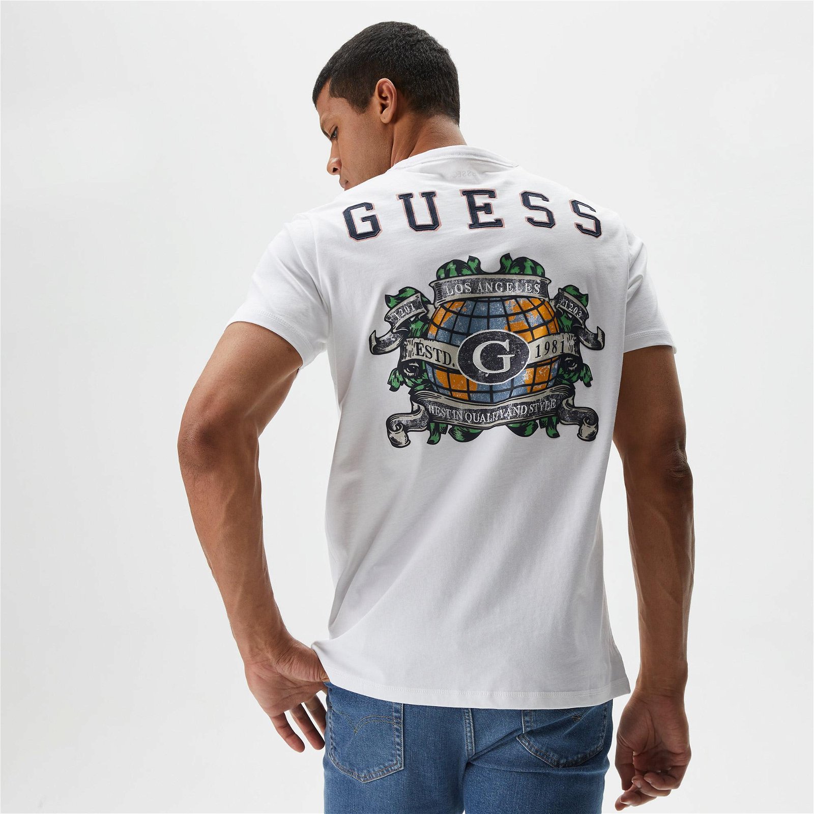 Guess Ss CN Guess Planisph Erkek Beyaz T-Shirt