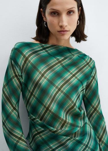  Mango Kadın Asimetrik Kesimli Kareli Bluz Yeşil