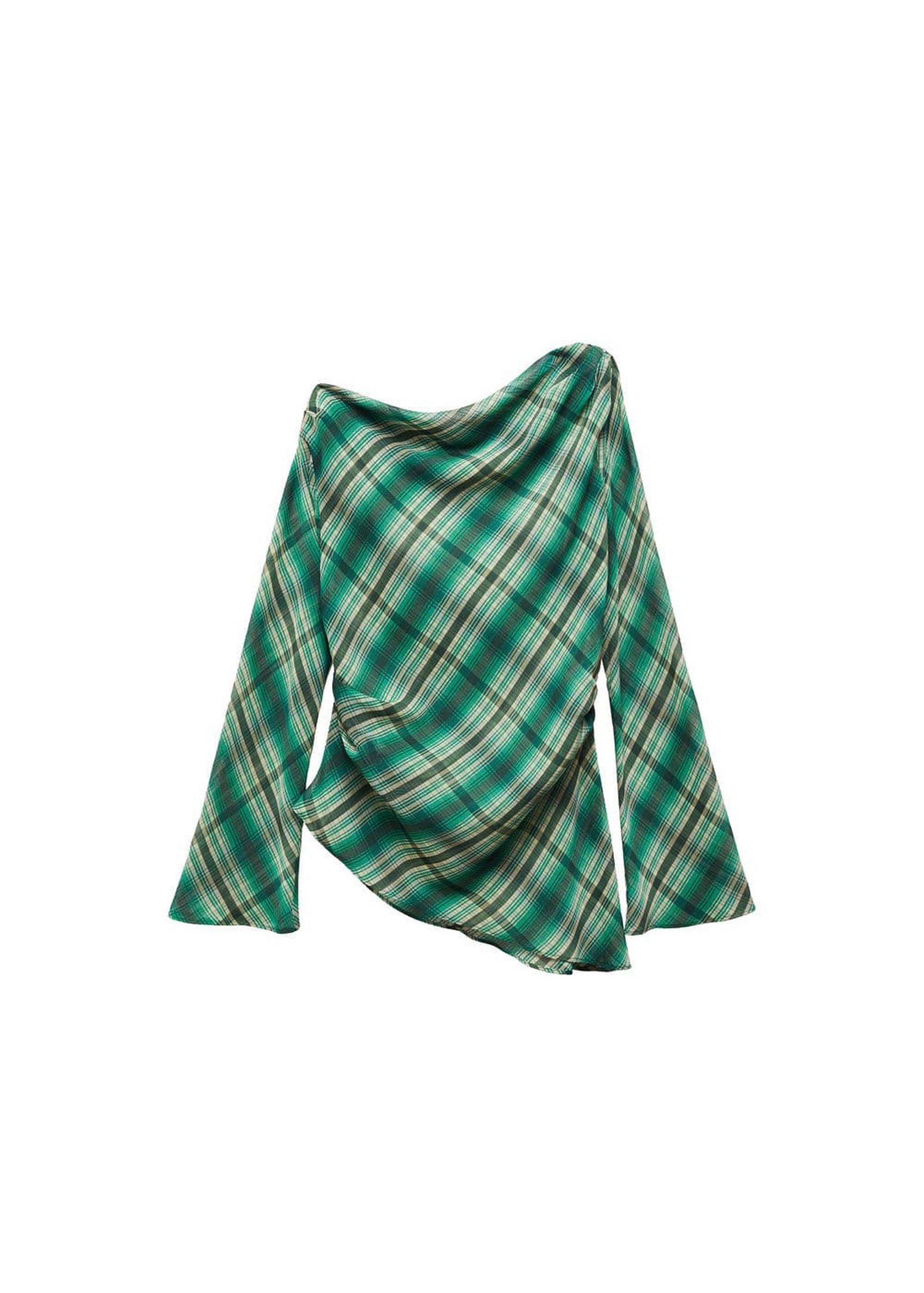 Mango Kadın Asimetrik Kesimli Kareli Bluz Yeşil