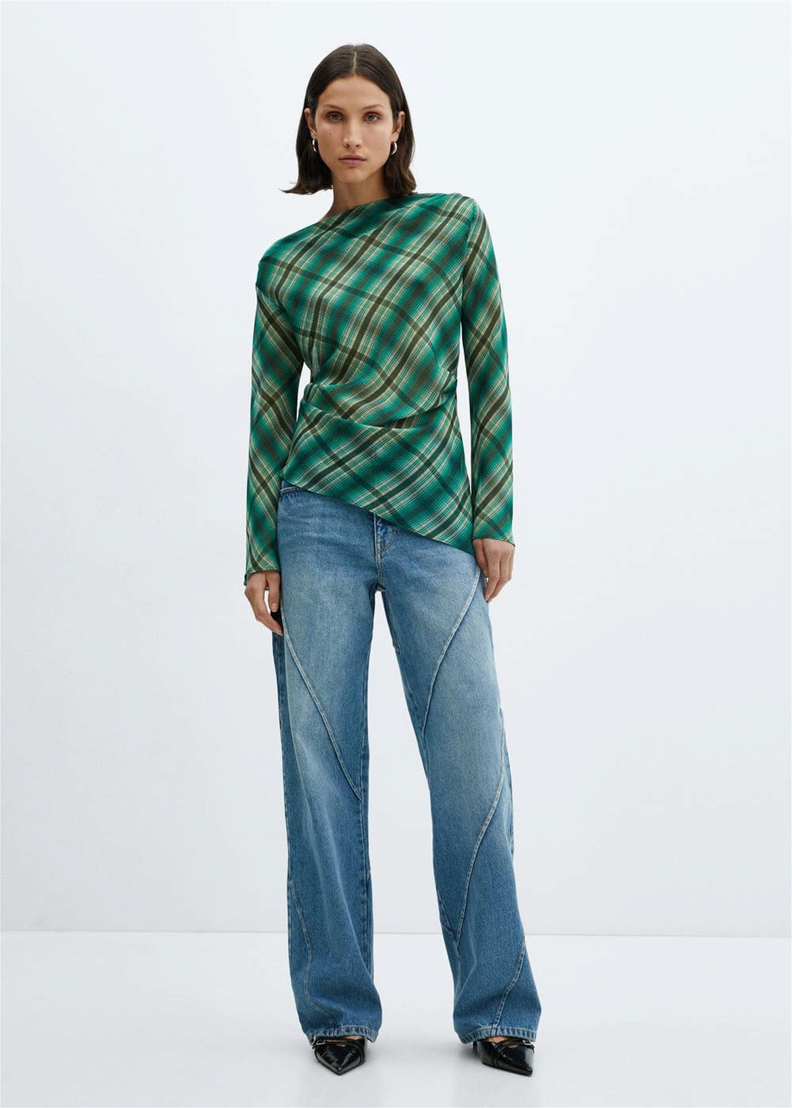 Mango Kadın Asimetrik Kesimli Kareli Bluz Yeşil