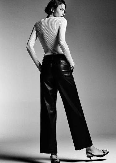  Mango Kadın Deri Görünümlü Yüksek Bel Pantolon Siyah