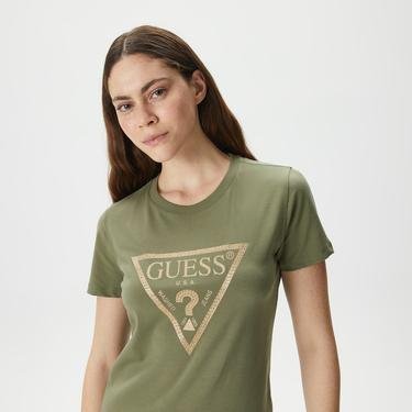  Guess Ss CN Gold Triangle Kadın Yeşil T-Shirt