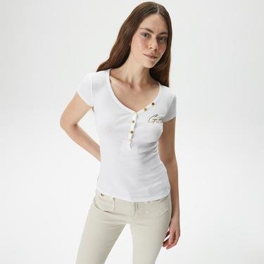  Guess Ss Henley Olympia To Kadın Beyaz T-Shirt