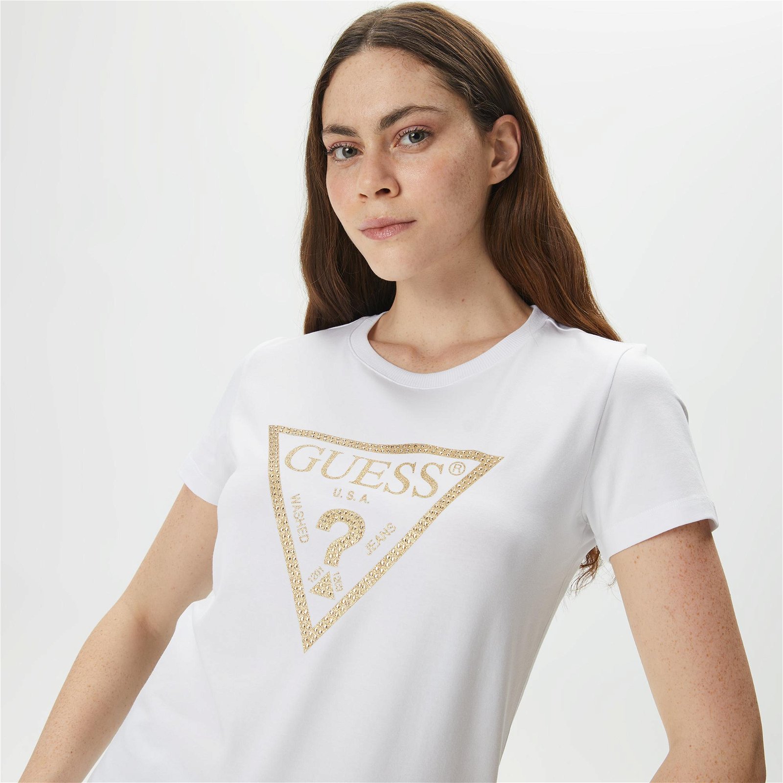 Guess Ss CN Gold Triangle Kadın Beyaz T-Shirt