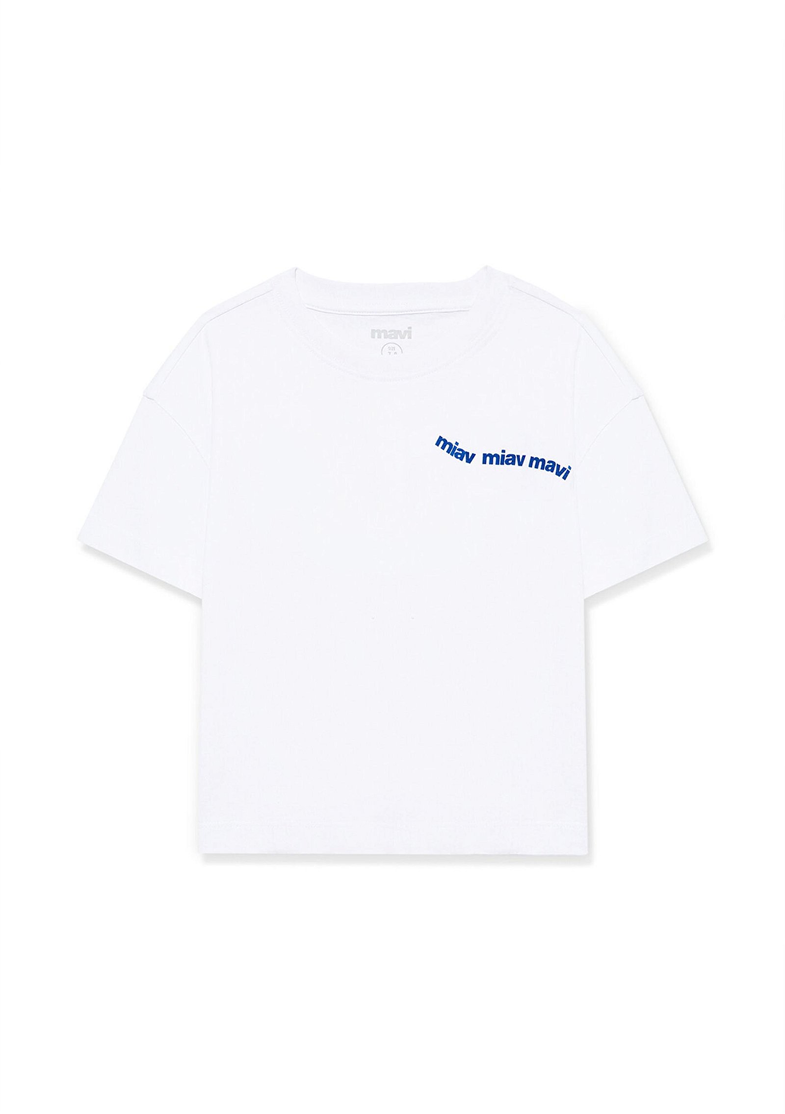 Mavi Miav Baskılı Beyaz Crop Tişört Crop / Kısa Kesim 7610180-620