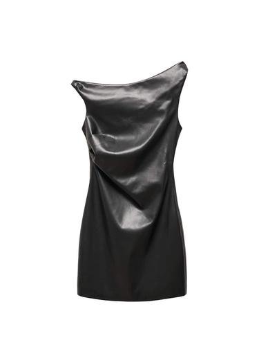  Mango Kadın Deri Görünümlü Kısa Elbise Siyah