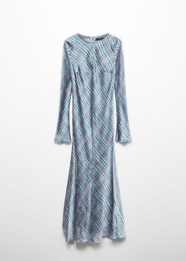  Mango Kadın Kareli Saten Elbise Mavi