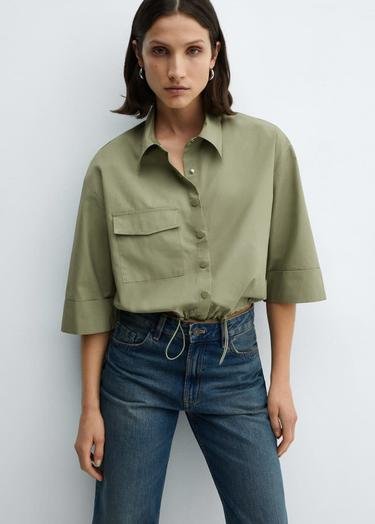  Mango Kadın Etek Ucu Ayarlanabilir Pamuklu Gömlek Yeşil