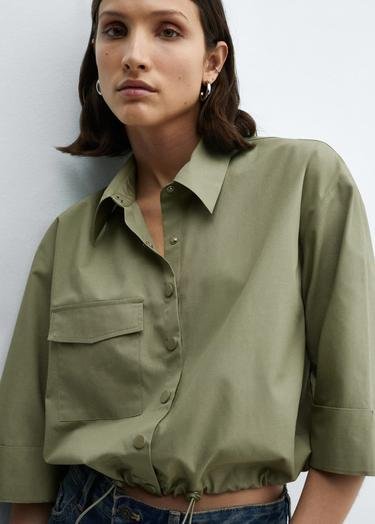  Mango Kadın Etek Ucu Ayarlanabilir Pamuklu Gömlek Yeşil