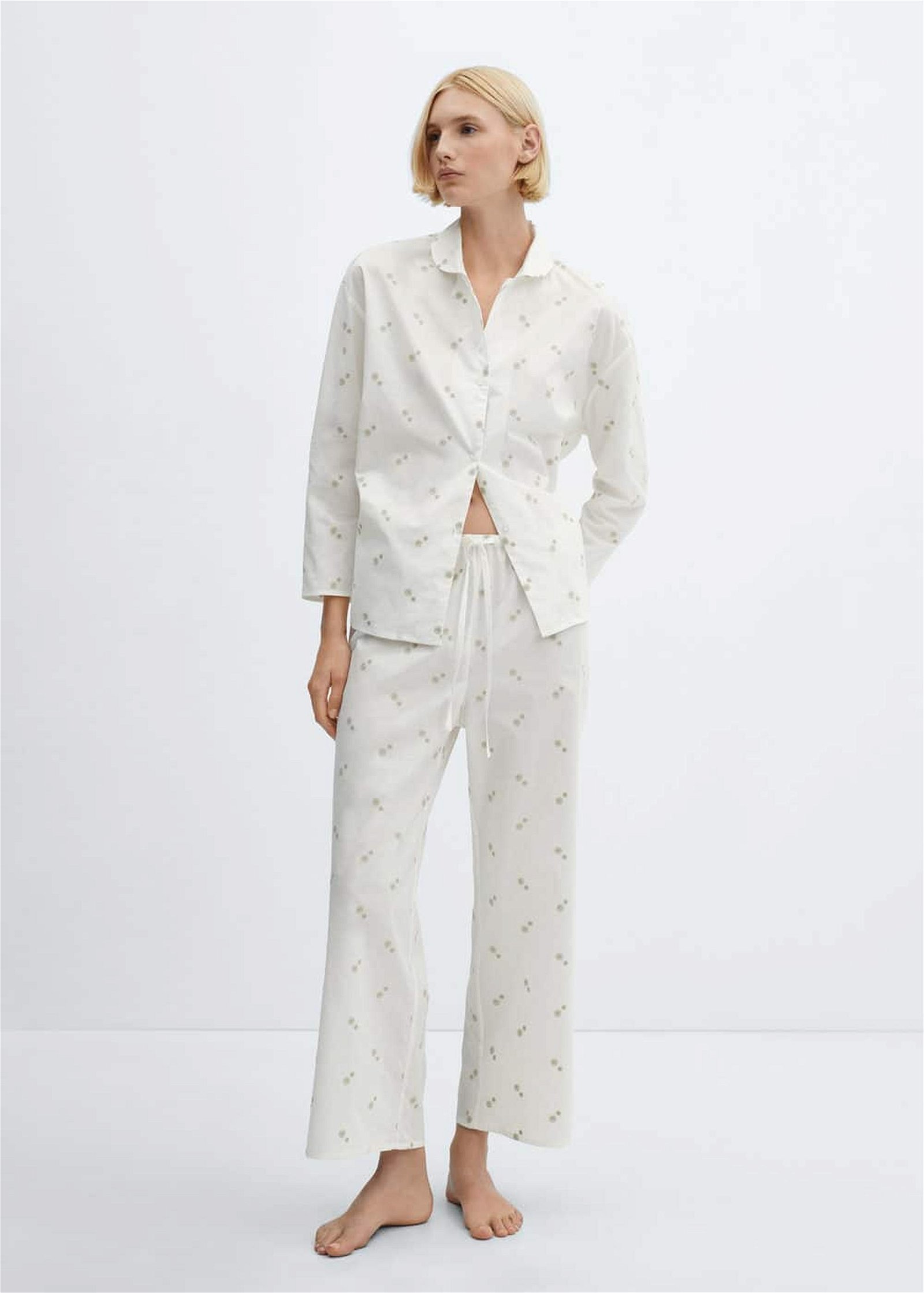 Mango Kadın Çiçek Işlemeli Pamuklu Pijama Pantolonu Kırık Beyaz
