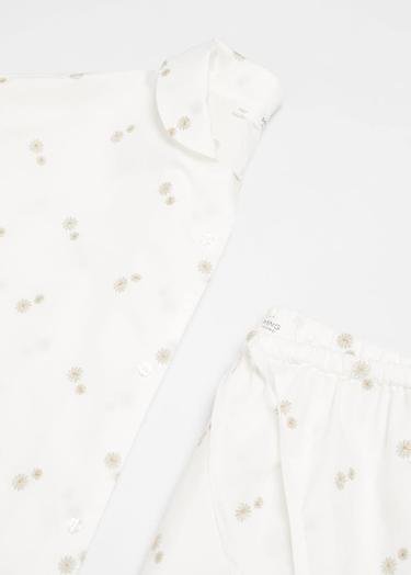  Mango Kadın Çiçek Işlemeli Pamuklu Pijama Gömleği Kırık Beyaz