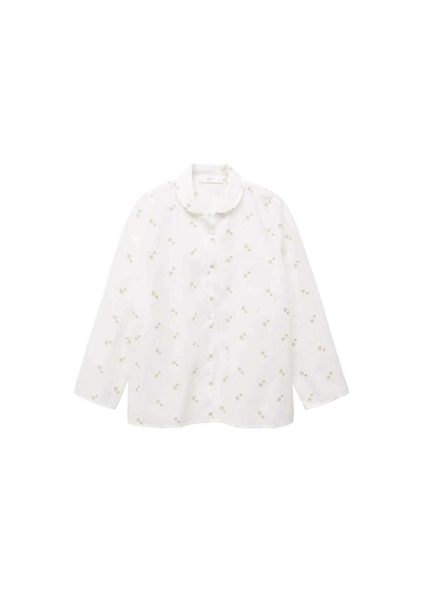 Mango Kadın Çiçek Işlemeli Pamuklu Pijama Gömleği Kırık Beyaz